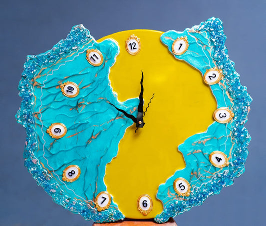 Geode Resin Art Wall Clock | Blue with Yellow | Size 16 x 16  | MDF Material