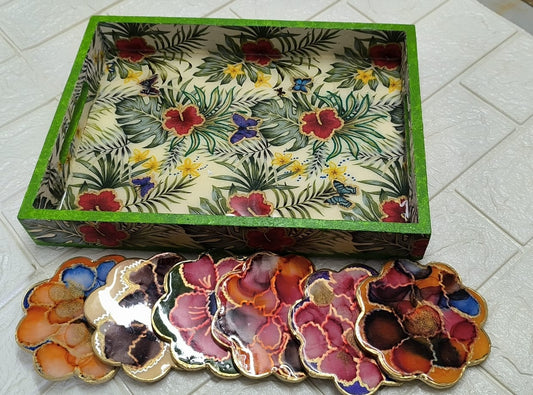Serving tray with tea coaster | Resin Art | Size (12 x 08) | Multi Color