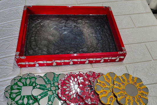 Serving tray with tea coaster | Resin Art | Size (12 x 08) | Multi Color