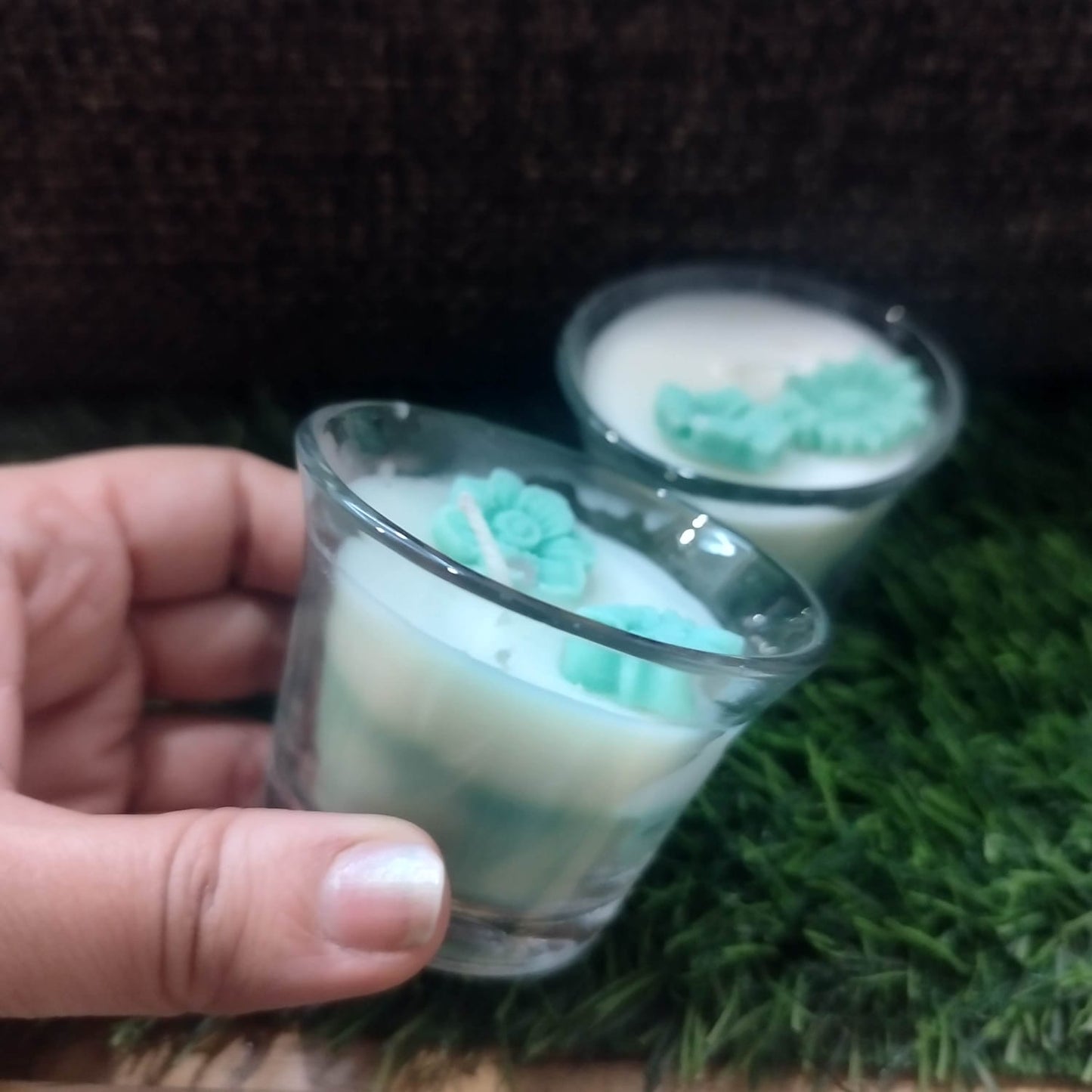 Combo Solid white with light green  wax candle